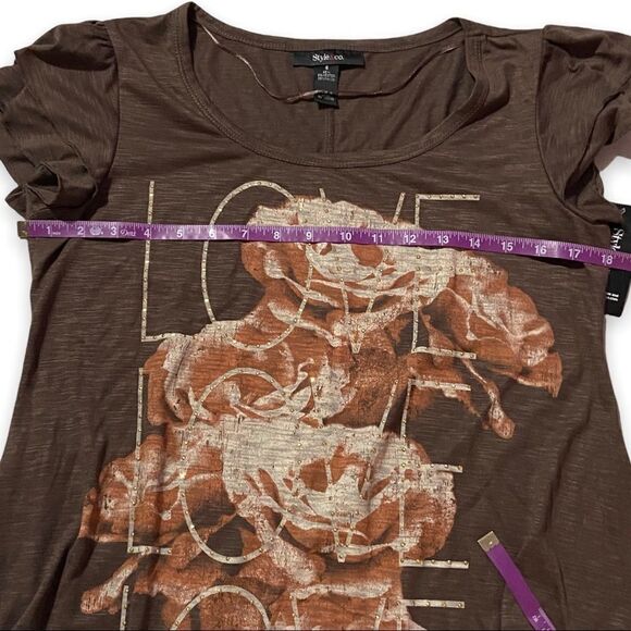 NWT Brown Floral Studded LOVE Slub Burnout Tee Ruffle Hem Boho Coquette Size S - Picture 6 of 7